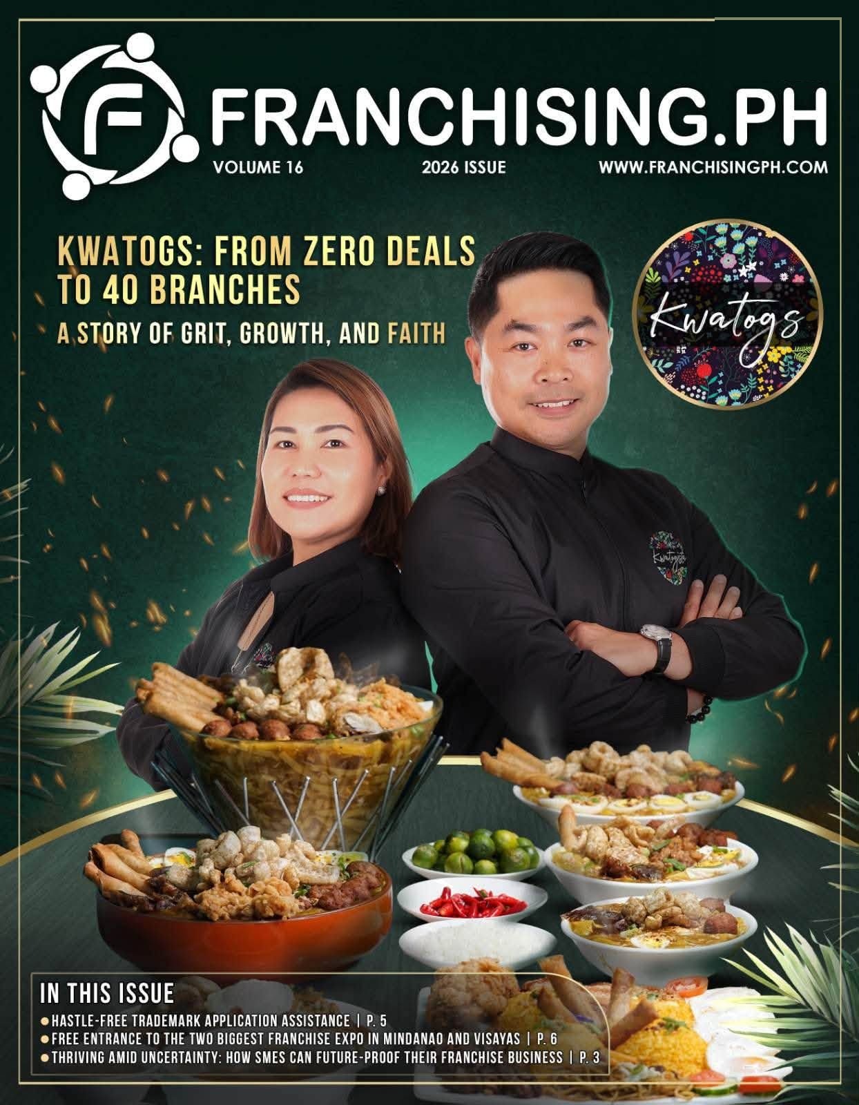 Founders Sherwin and Rose of Kwatogs, featured on the cover of Franchising.PH 2026
