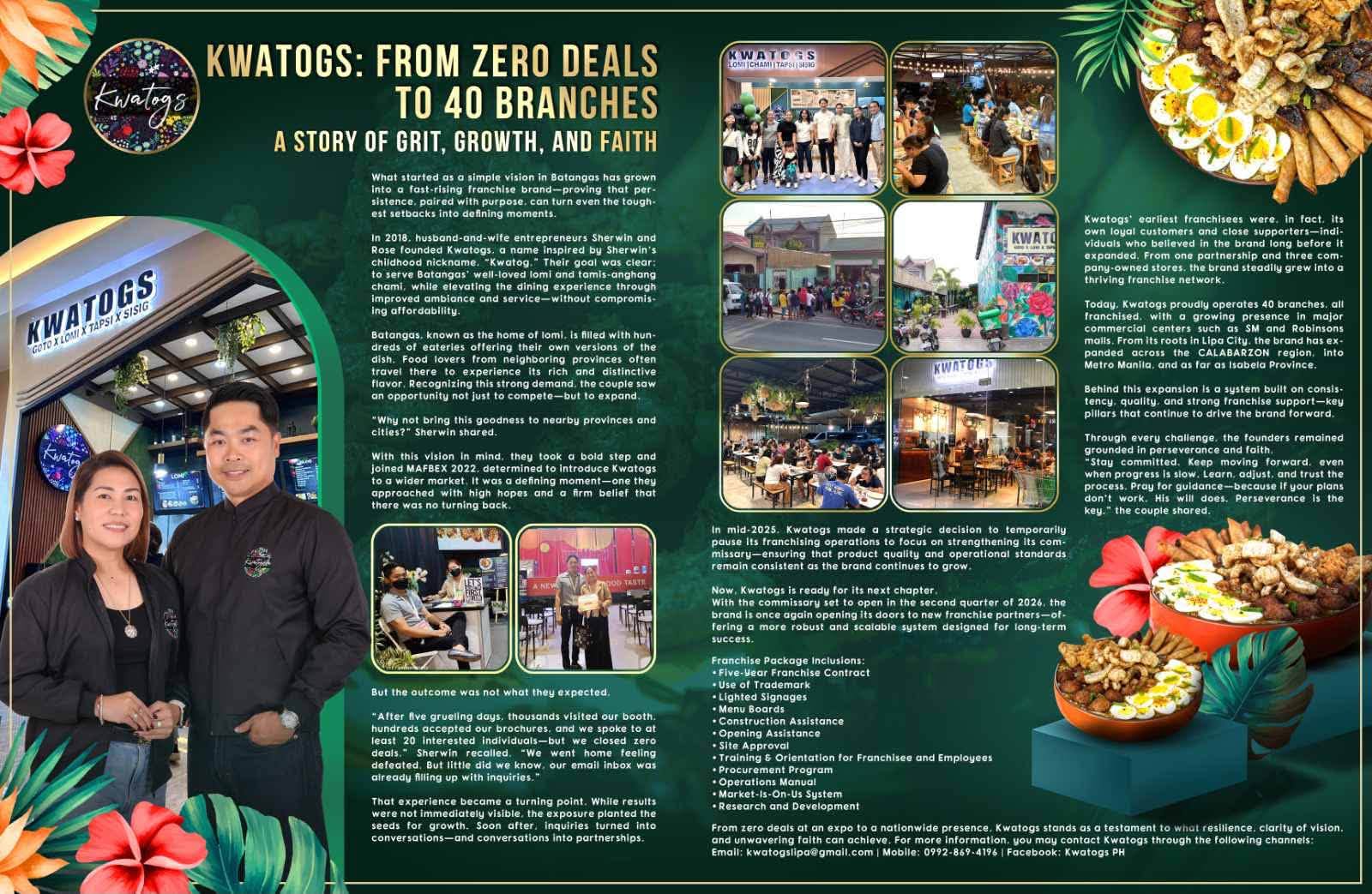 Franchising.PH 2026 feature spread — Kwatogs: From Zero Deals to 40 Branches, a story of grit, growth, and faith